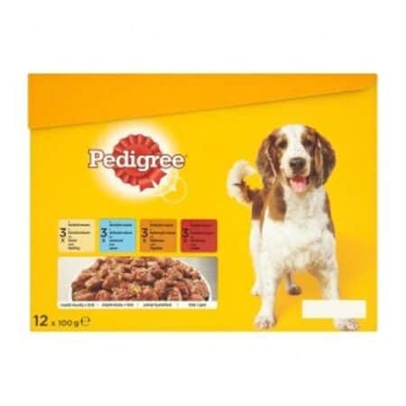 Hrană umedă Pedigree pentru câini, cu aromă de vită, miel și pui în aspic, 12 x 100 g