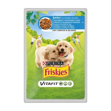 Hrană umedă Purina Friskies Dog Junior, în aspic, cu pui, plic, 4 x 100 g