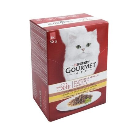Hrană umedă Purina Gourmet Mon Petit pentru pisici, cu rață/pui/curcan, plicuri, 6 x 50 g