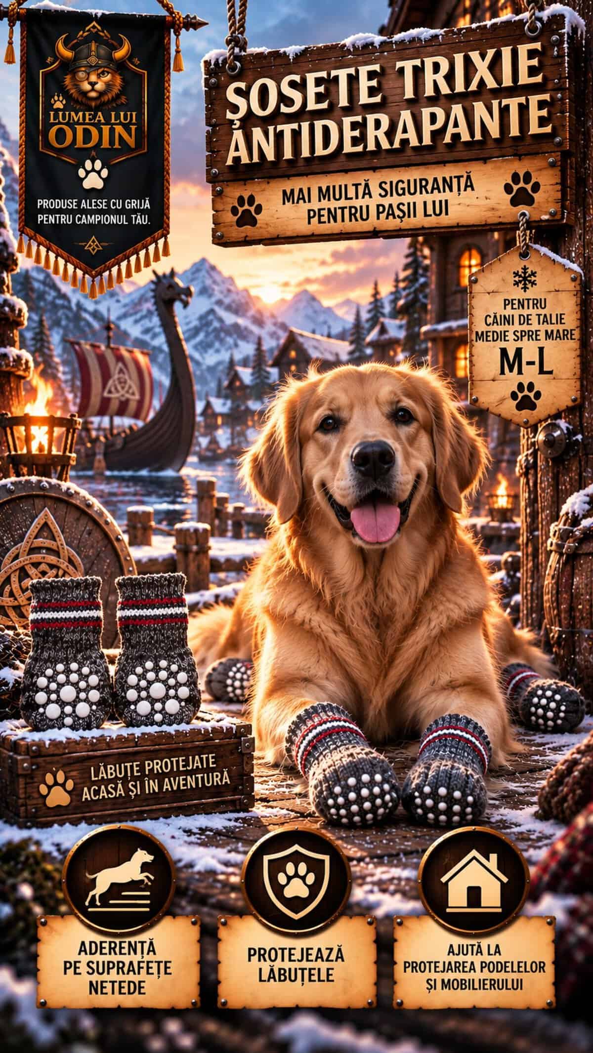 Un golden retriever încălțat cu șosete antiderapante