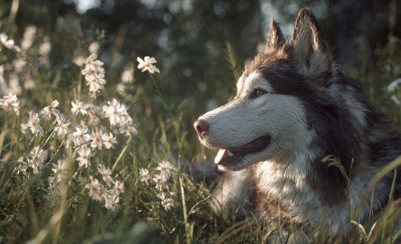 câine husky în iarbă
