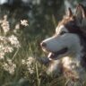 câine husky în iarbă