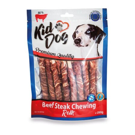 Recompense KidDog pentru câini, rulouri cu friptură de vită, 8 mm/12 cm, 250 g