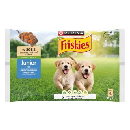 Hrană umedă Friskies Junior pentru câini, cu pui și morcovi în sos, 4 x 85 g