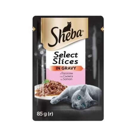 Hrana umedă Sheba pentru pisici, cu somon în sos, 85 g – o alegere premium pentru pisici adulte, creată pentru a oferi o nutriție completă și un gust irezistibil.
