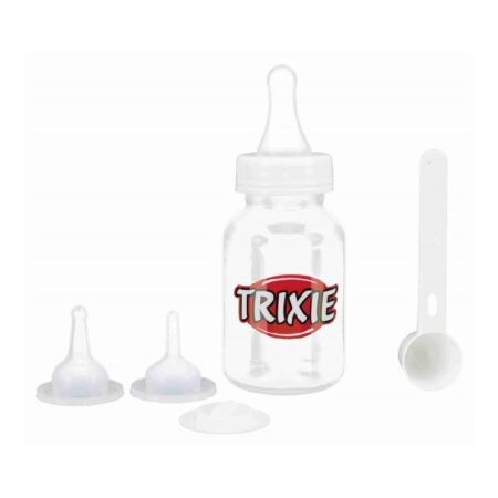 Set Trixie: biberon cu 3 tetine, capac și lingură, pentru câini și pisici, 120 ml, transparent/alb