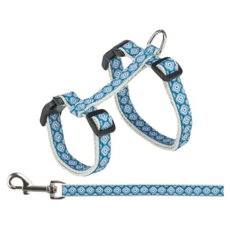 Ham și lesă Trixie pentru pisici, L: 27–45 cm / 13 mm, 1.20 m, gri/albastru