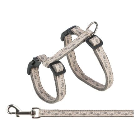 Ham și lesă Trixie pentru pisici, L: 27–45 cm / 13 mm, 1.20 m, gri/bej