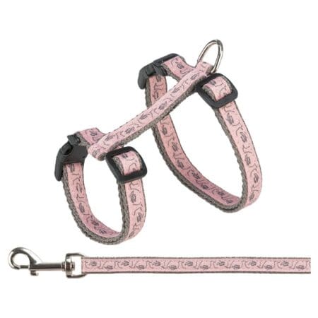 Ham și lesă Trixie pentru pisici, L: 27–45 cm / 13 mm, 1.20 m, roz/gri