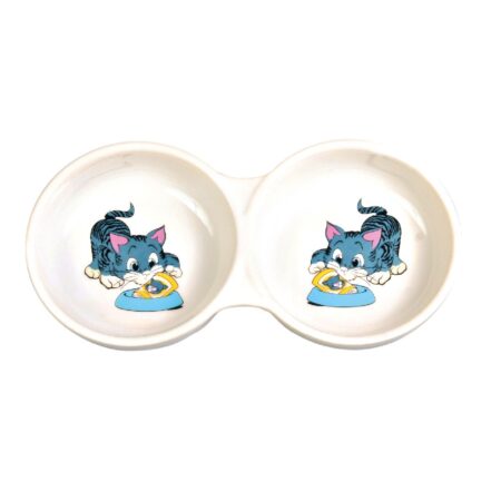 Castron dublu Trixie pentru pisici, ceramic, 2 x 0.15 L / 11 cm, alb