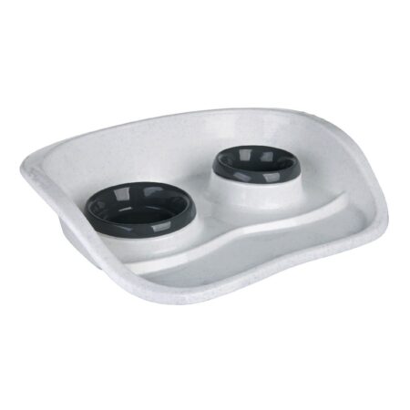 Set Trixie 2 castroane cu suport pentru pisici și câini, plastic, 0.25 L / 9 cm & 0.3 L / 11 cm, 46 x 11 x 30 cm, diverse culori