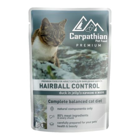 Hrană umedă Carpathian Premium Adult Hairball Control pentru pisici, cu rață în jeleu, 80 g