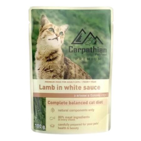 Hrană umedă Carpathian Premium Adult pentru pisici, cu miel în sos alb, 100 g