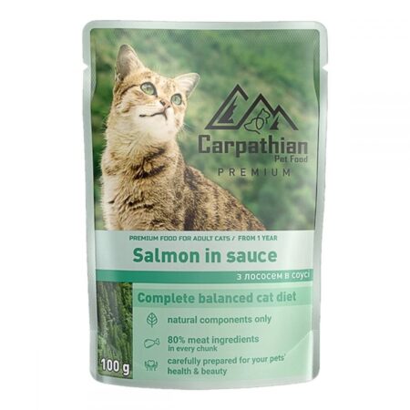 Hrană umedă Carpathian Premium Adult pentru pisici, cu somon în sos, 100 g