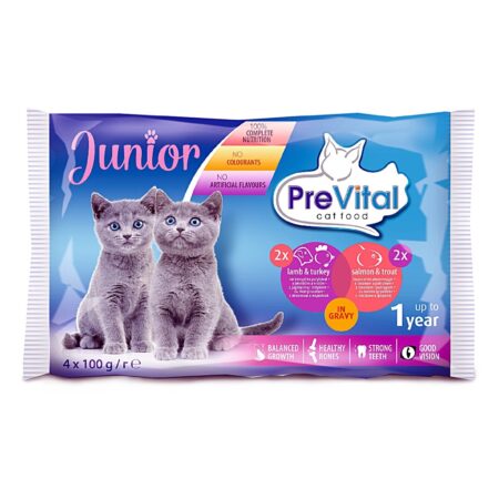 Hrană umedă PreVital Junior pentru pisici, cu miel/curcan și somon/păstrăv, 4 x 100 g