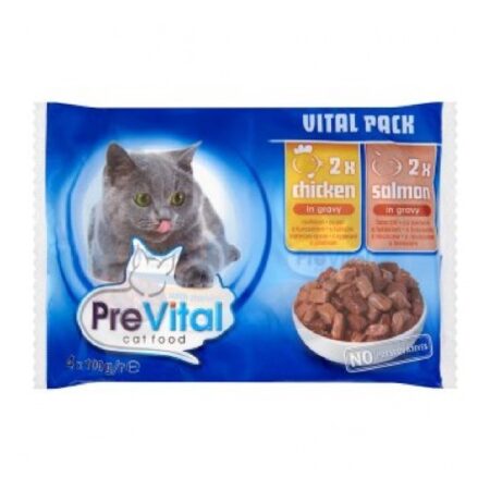 Hrană umedă PreVital Vital Pack pentru pisici, cu pui și somon în sos, 4 x 100 g