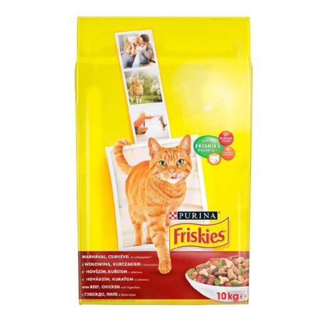 Hrană uscată Purina Friskies pentru pisici, cu vită, pui și legume, 10 kg