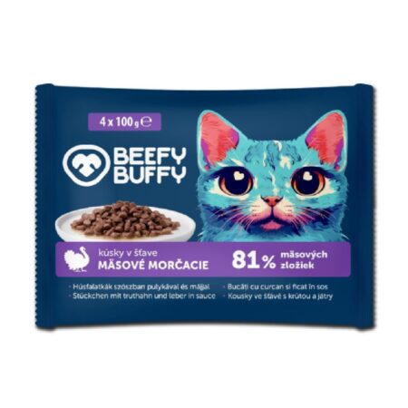 Hrană umedă Beefy Buffy pentru pisici, cu curcan și ficat în sos, 4 x 100 g
