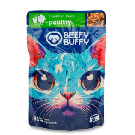 Hrană umedă Beefy Buffy pentru pisici, cu pasăre, 85 g
