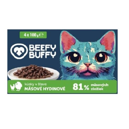 Hrană umedă Beefy Buffy pentru pisici, cu pui și curcan în sos, 4 x 100 g