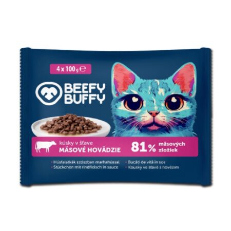 Hrană umedă Beefy Buffy pentru pisici, cu vită în sos, 4 x 100 g