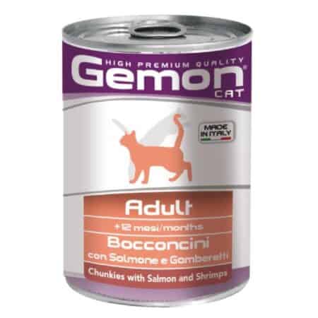 Hrană umedă Gemon pentru pisici adulte, cu somon și creveți, 415 g