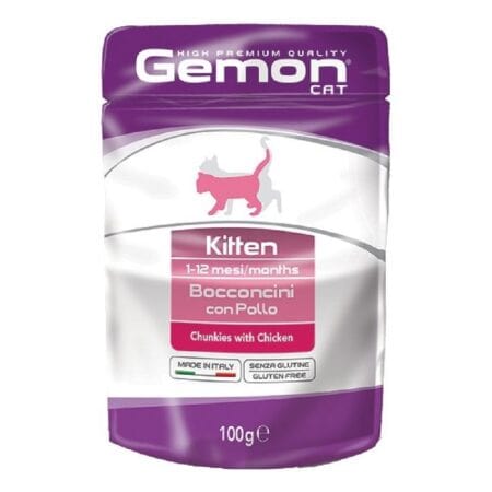 Hrană umedă Gemon pentru pisici junior, cu pui, 100 g