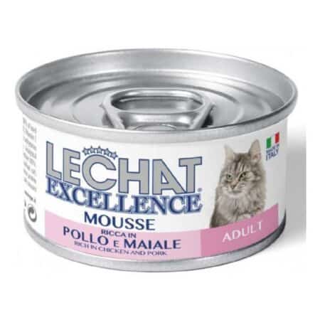 Hrană umedă LeChat Excellence pentru pisici adulte, Mousse cu pui și porc, 85 g