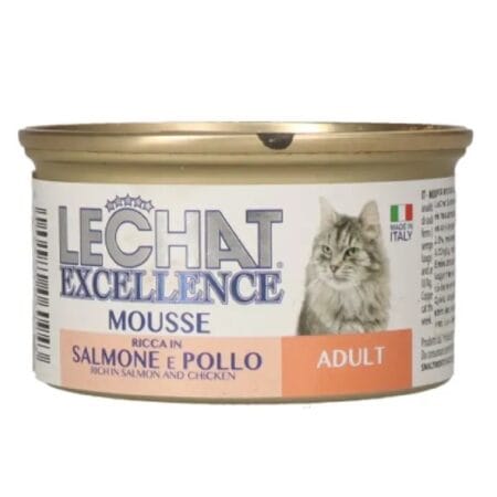 Hrană umedă LeChat Excellence pentru pisici audlte, Mousse cu somon și pui, 85 g