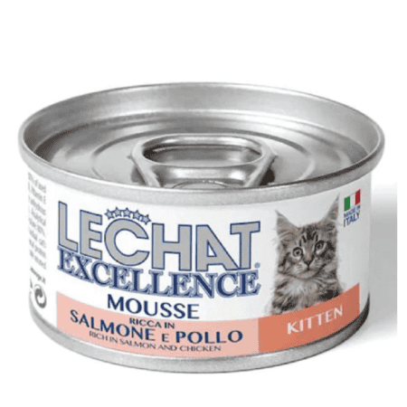 Hrană umedă LeChat Excellence pentru pisici junior, Mousse cu somon și pui, 85 g