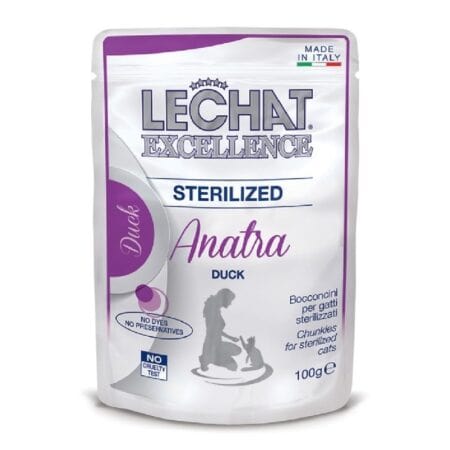 Hrană umedă LeChat Excellence pentru pisici sterilizate, cu rață, 100 g