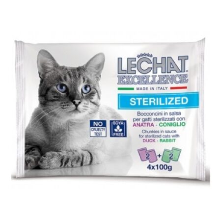 Hrană umedă LeChat Excellence pentru pisici sterilizate, cu rață și iepure în sos, 4 x 100 g