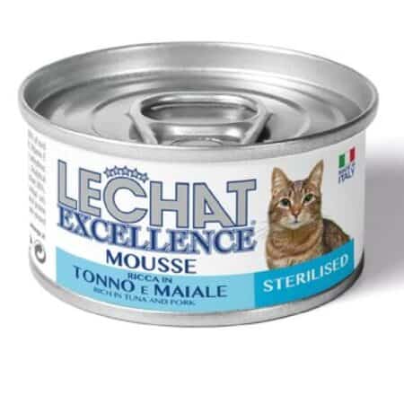 Hrană umedă LeChat Excellence pentru pisici sterilizate, Mousse cu ton și porc, 85 g