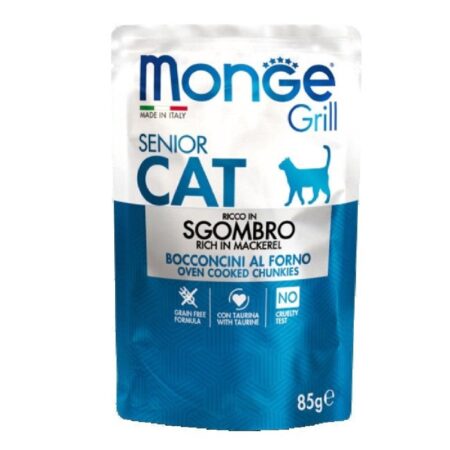 Hrană umedă Monge Grill pentru pisici senior, cu macrou, 85 g