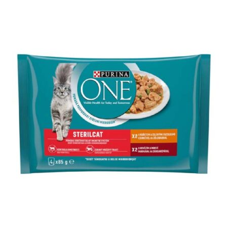 Hrană umedă Purina ONE pentru pisici sterilizate, cu pui și mazăre / vită și morcovi, 4 x 85 g