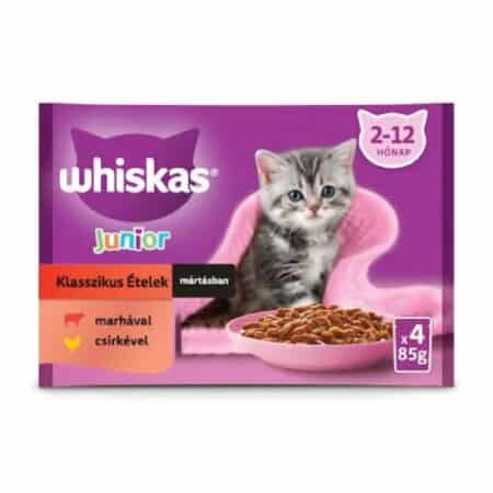 Hrană umedă Whiskas Junior Classic pentru pisici junior, cu vită și pui, 4 x 85 g