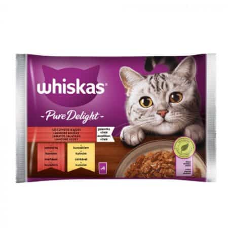 Hrană umedă Whiskas Pure Delight pentru pisici adulte, cu vită și pui, 4 x 85 g