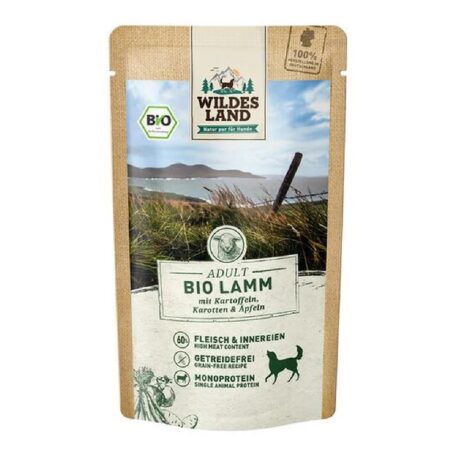 Hrană umedă Wildes Land pentru câini adulți, BIO, cu miel, cartofi, morcovi și mere, 125 g