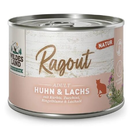 Hrană umedă Wildes Land Ragout pentru pisici, cu pui și somon, 180 g