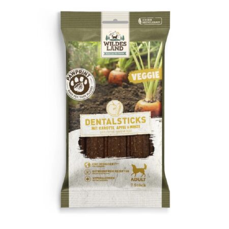 Recompense Wildes Land PawPrint pentru câini, Veggie Dental Sticks, cu morcov, măr și mentă, 7 buc, 180 g
