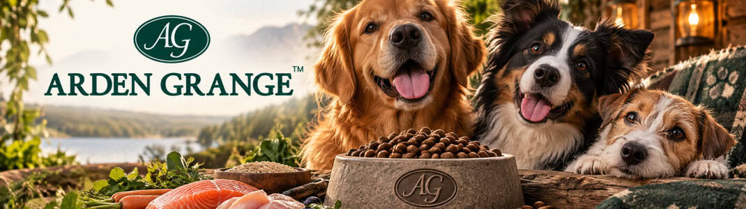 Banner categorie de produs cu animale fericite și logoul companiei Arden Grange