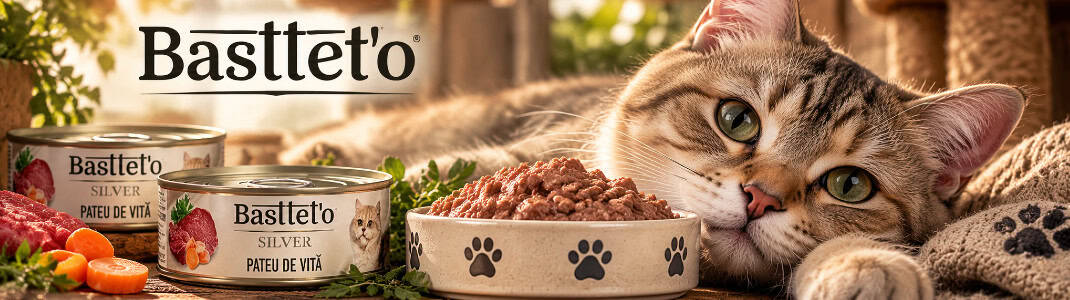 Banner categorie de produs cu animale fericite și logoul companiei Bastett'o