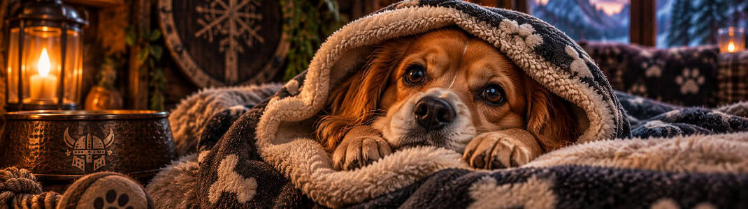 Un câine beagle într-o păturică comodă, ascuns de frig