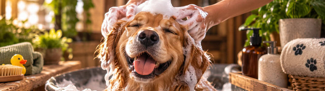 Un câine din rasa golden retriever e spălat pe cap și e fericit
