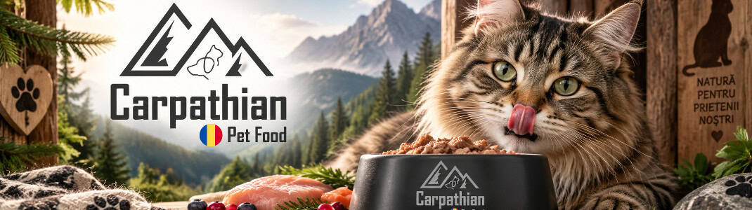 Banner categorie de produs cu animale fericite și logoul companiei Carpathian