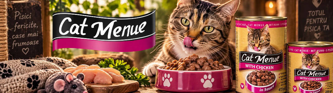 Banner categorie de produs cu animale fericite și logoul companiei Cat Menue