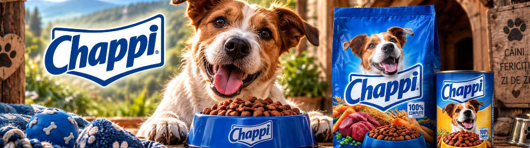 Banner categorie de produs cu animale fericite și logoul companiei Chappi