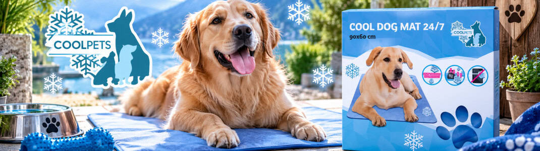 Banner categorie de produs cu animale fericite și logoul companiei Cool Pets