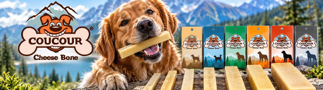 Banner categorie de produs cu animale fericite și logoul companiei Coucour
