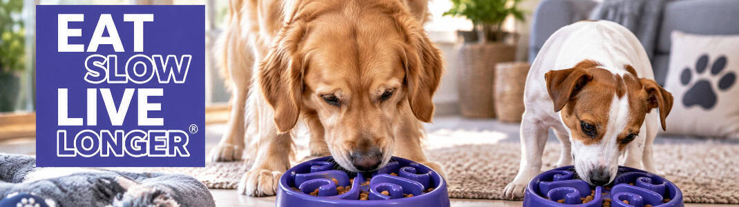 Banner categorie de produs cu animale fericite și logoul companiei Eat Slow Live Longer